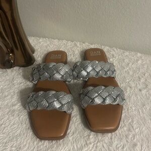 Silver Braided Sandals with Brown Leather Footbed